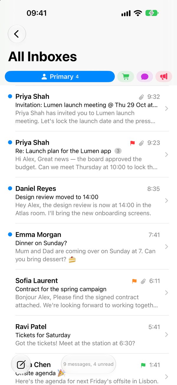 Inbox on iPhone with category tabs
