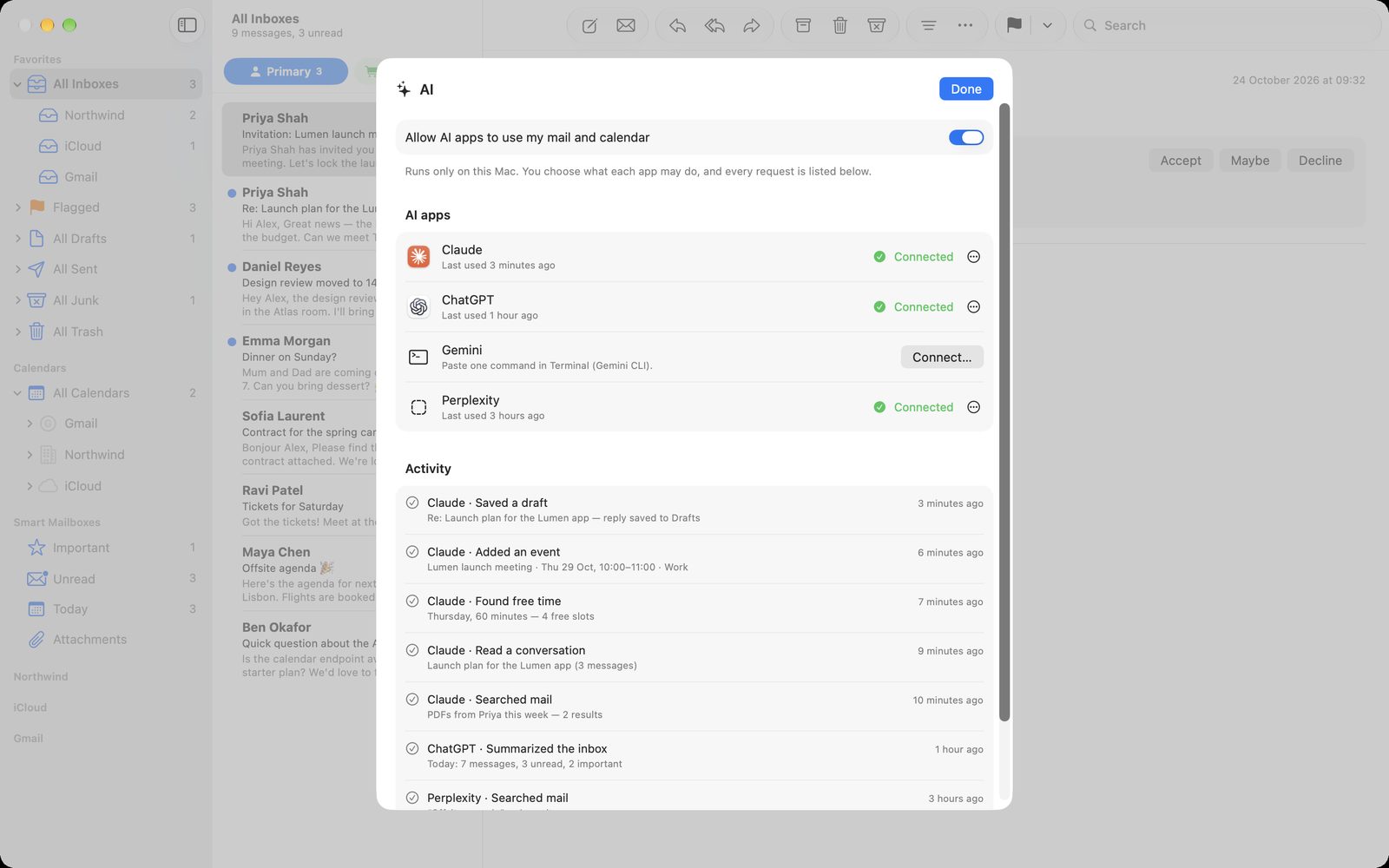 AI & API settings showing connected AI apps and what they did